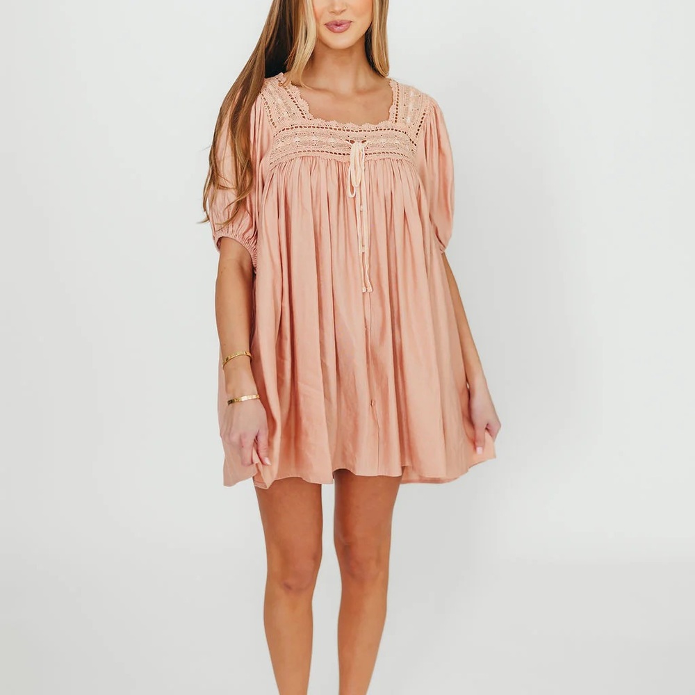 Dottie Lace Trim Linen-blend Peach Mini Dress